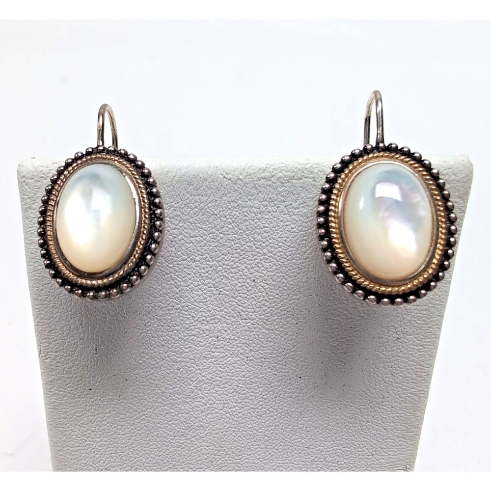 Vtg Y2K Sterling Silver 925 2-Tone Mother of Pearl Oval Lever Back Earrings 10g